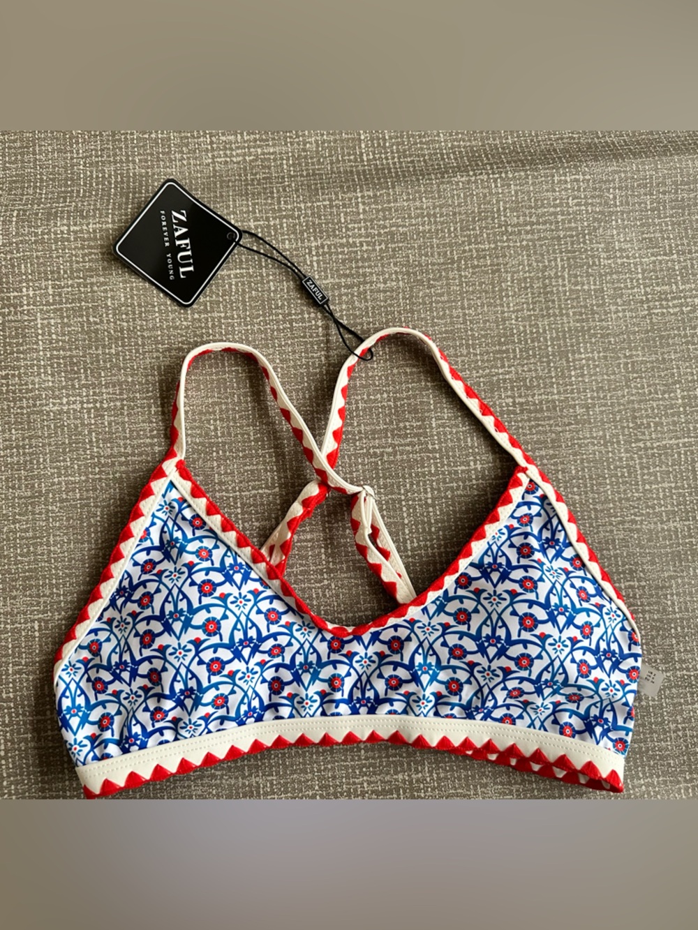 ZAFUL Floral Bikini Top XS Blue White Red Scalloped Trim Adjustable Straps Swim